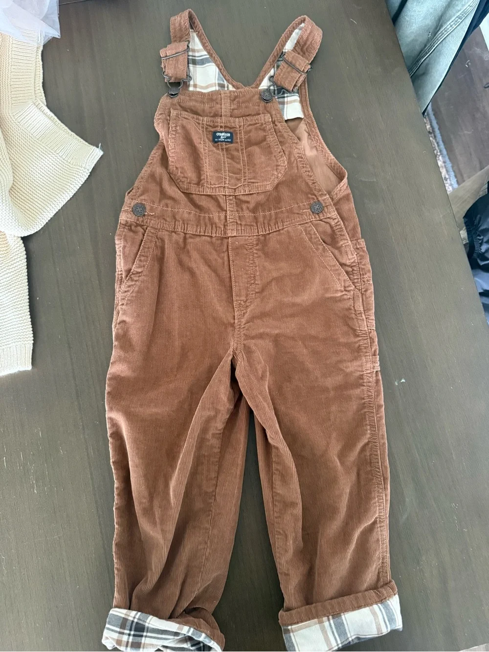 OshKosh B'gosh Rust Brown Corduroy Overalls with Plaid Lining